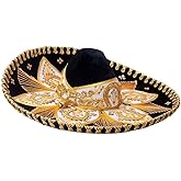 GRAL Sombrero Charro, Mariachi Hat Terciopelo Unisex Adult fancy (Black-gold)