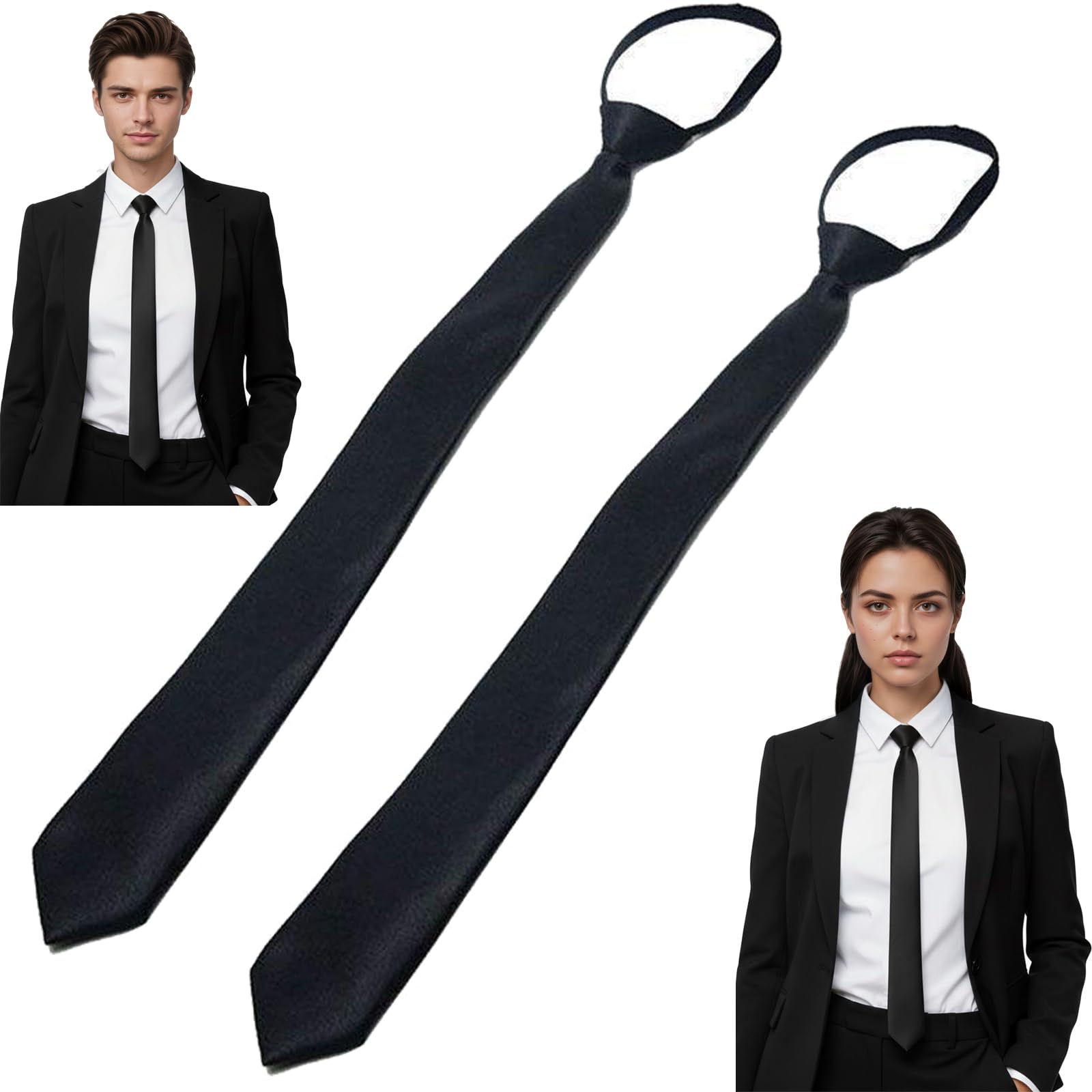 Amazleer 2 PCS Black Ties for Women, Solid Color Pre-tied Adjustable Uniforms Clip on Ties, Elegant 13 Inches Business Wedding School Graduation Cosplay Daily Use (Black, 48CM)