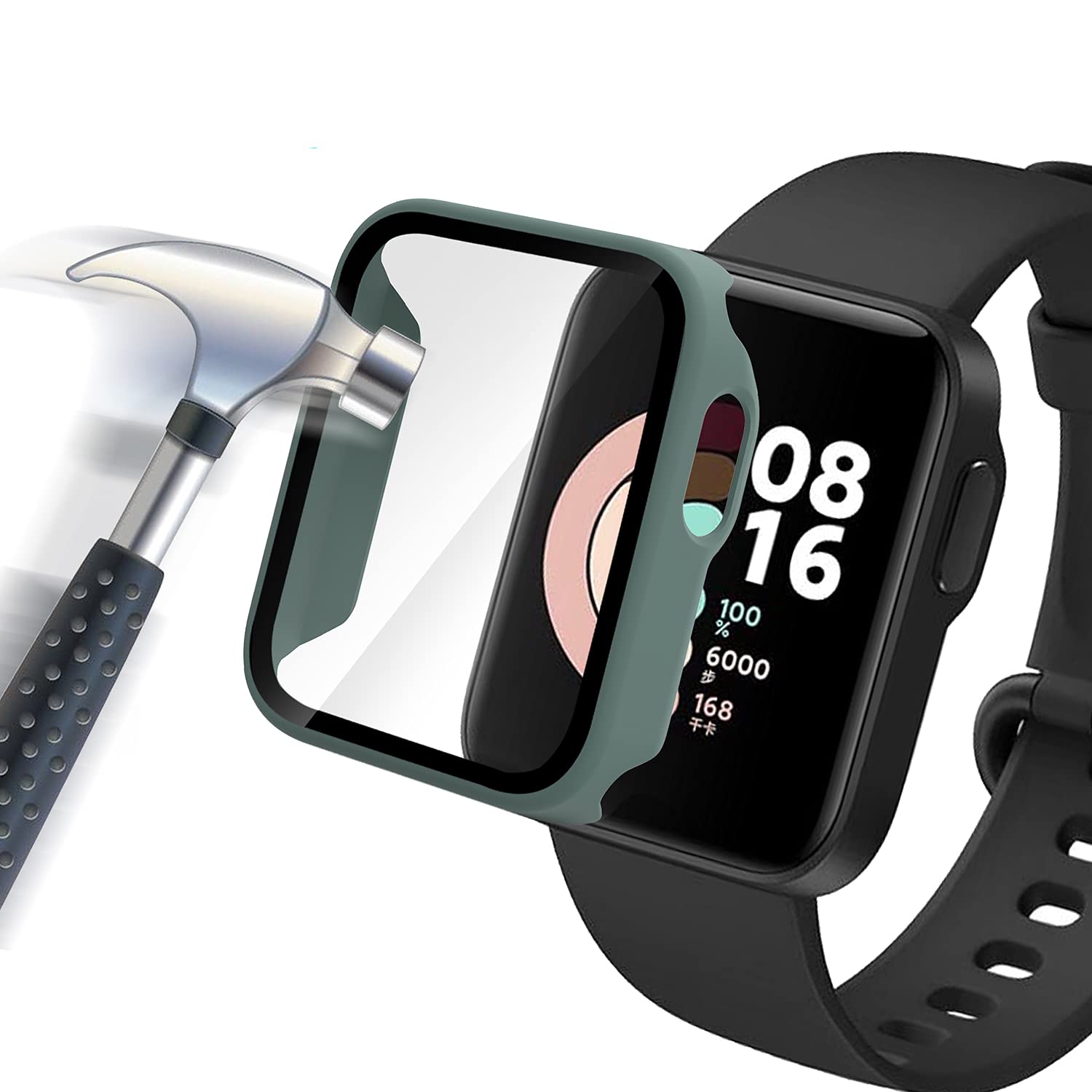 Acadeny Case With Tempered Glass Screen Protector Compatible for Xiaomi Mi Watch Lite, 9H Hardness 360 ° All-round Protective Cover Ultra-thin Protective PC Case Cover for, green — image 1