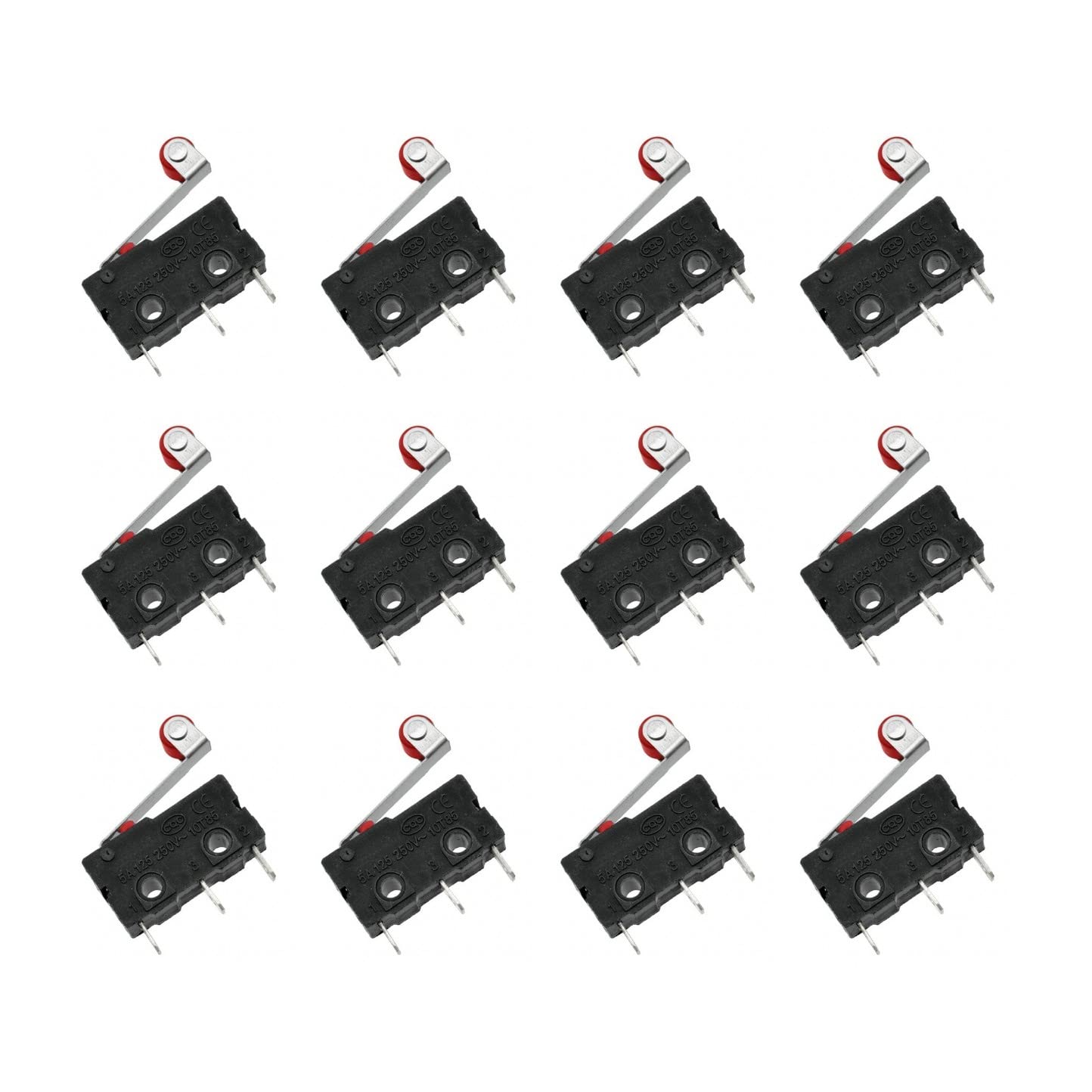 JZK 12 Pcs Micro Limit Switch with Momentary Roller Lever Arm 3 pin 3Pin AC 250V 5A SPDT 1NO 1NC Snap Action Micro Switches