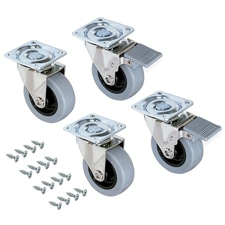 Emuca 2036221 Set 4 Stk. Graue Lenkrollen für Möbel (2 mit Bremse und 2 ohne Bremse) Diameter 50mm mit Anschraubplatte und Ku