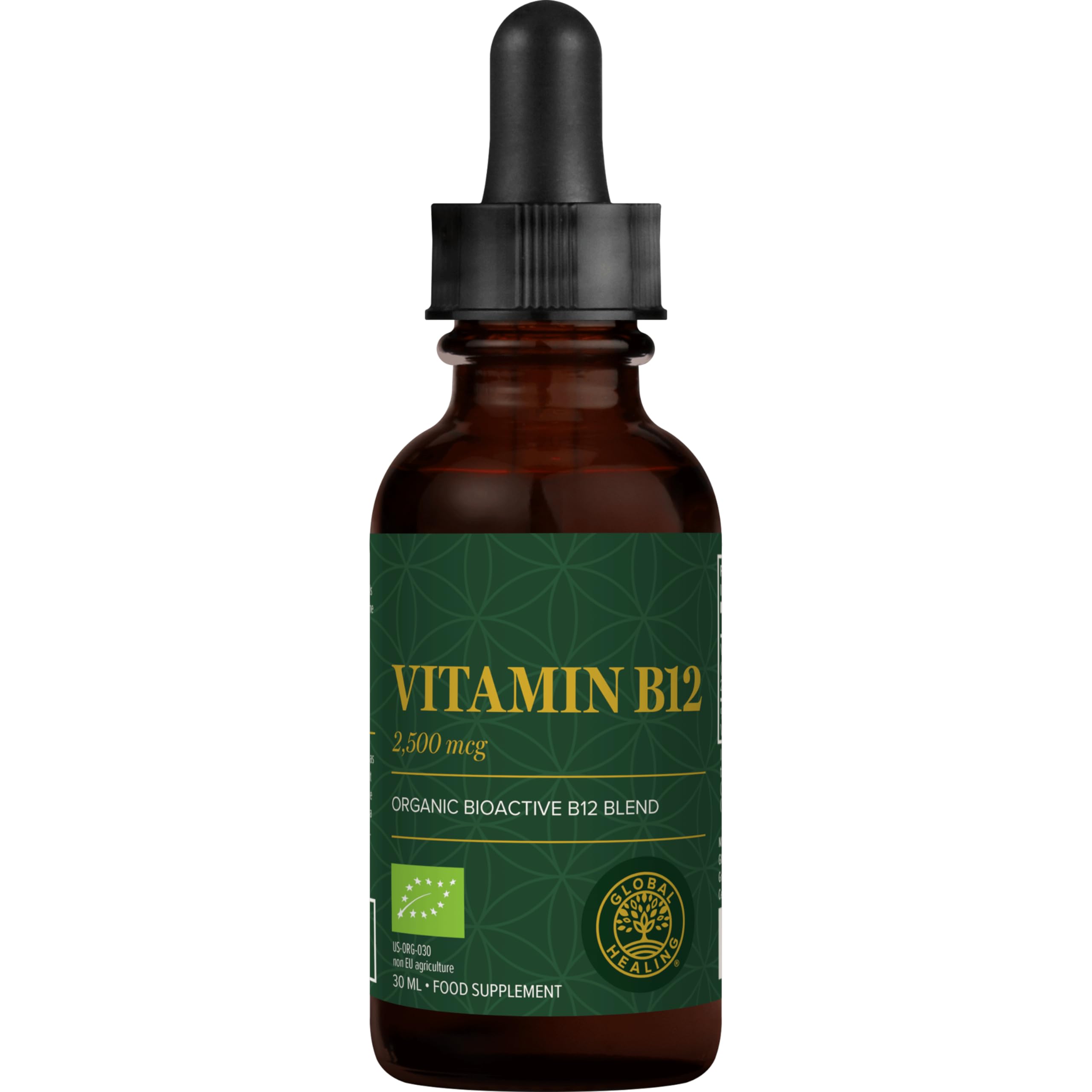 Global Healing USDA Organic Vitamin B12 Liquid Supplement - Vegan Methylcobalamin and Adenosylcobalamin High Strength Blend - 30 ml