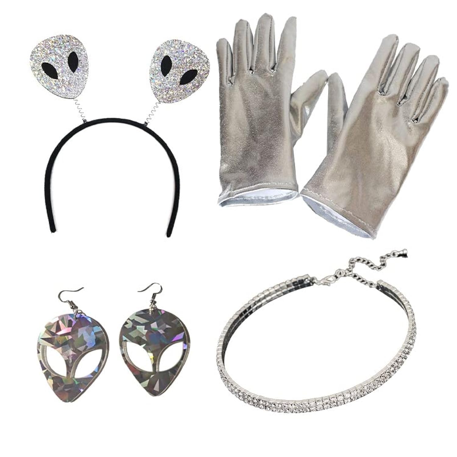 XEPST Alien Costume Accessories Set - Alien Antenna Headband, Earrings, Necklace, and Gloves for Women - Perfect for Alien Parties Halloween Carnival Cosplay - Dress Up Accessories, Silver