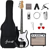 Fojill Full Size 4 Four String Electric Bass Guitar 20W Amplifier Amp Right Hand Beginner Starter Kit Set Combo Bundle Accessory Gig Bag,Strap,Picks,Capo,Noiselss Cable,Strings (Black)