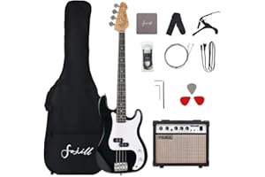 Fojill Full Size 4 Four String Electric Bass Guitar 20W Amplifier Amp Right Hand Beginner Starter Kit Set Combo Bundle Accessory Gig Bag,Strap,Picks,Capo,Noiselss Cable,Strings (Black)