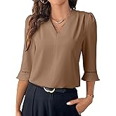 EVALESS Women's 3/4 Sleeve Tops Dressy Casual Pleated V Neck Business Work Blouses Office Shirts
