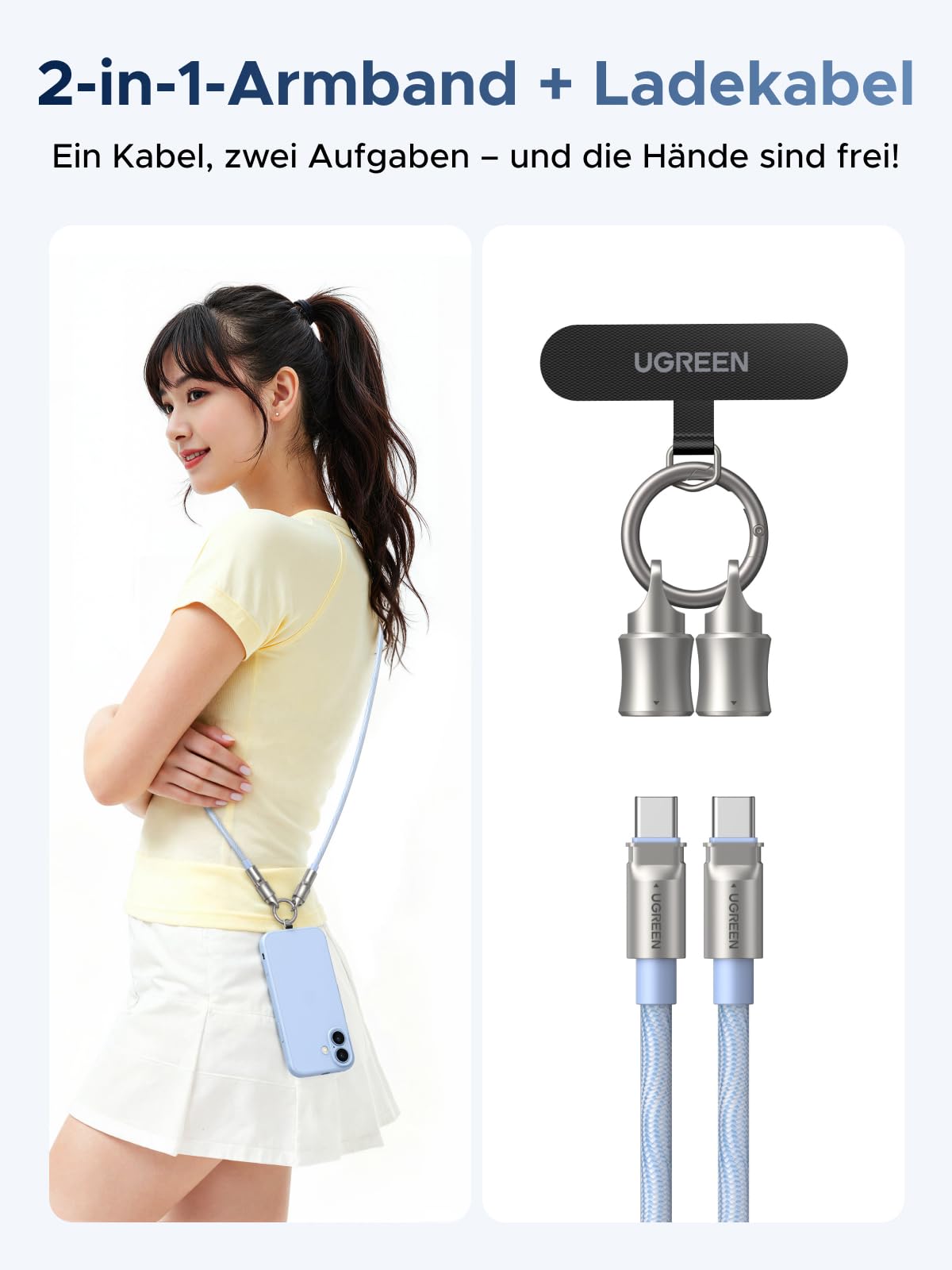 UGREEN USB C Kabel 2 in 1 mit Handy Lanyard, 60W Schnellladekabel aus Nylon 2