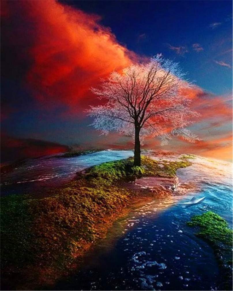 YEESAM ART Paint by Numbers for Adults Beginners Red Tree Sunset 16x20 inch Linen Canvas Acrylic DIY Number Painting Kits Wall Art Decor Gifts