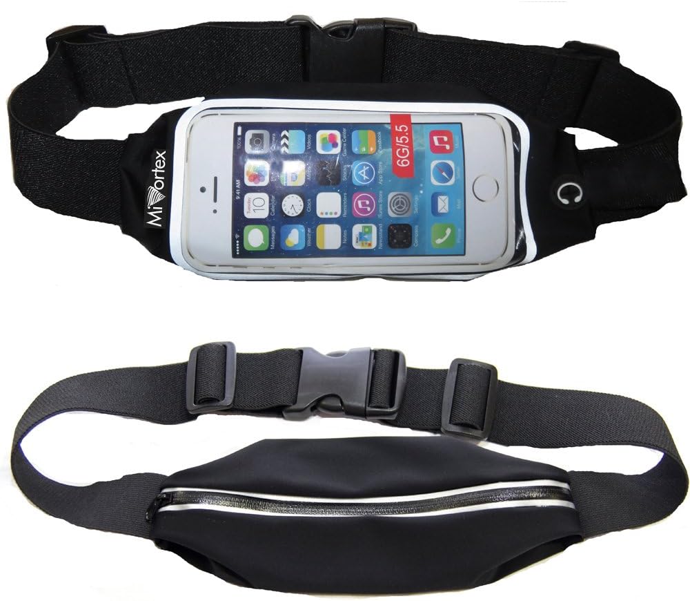 Mivortex Running Belt Runner Waist Pack with Transparent Touch Screen for iPhone 6, 6plus, Galaxy S5 S6 - Fits Otterbox, Lifeproof, Urban Armor Gear cell phone cases Black