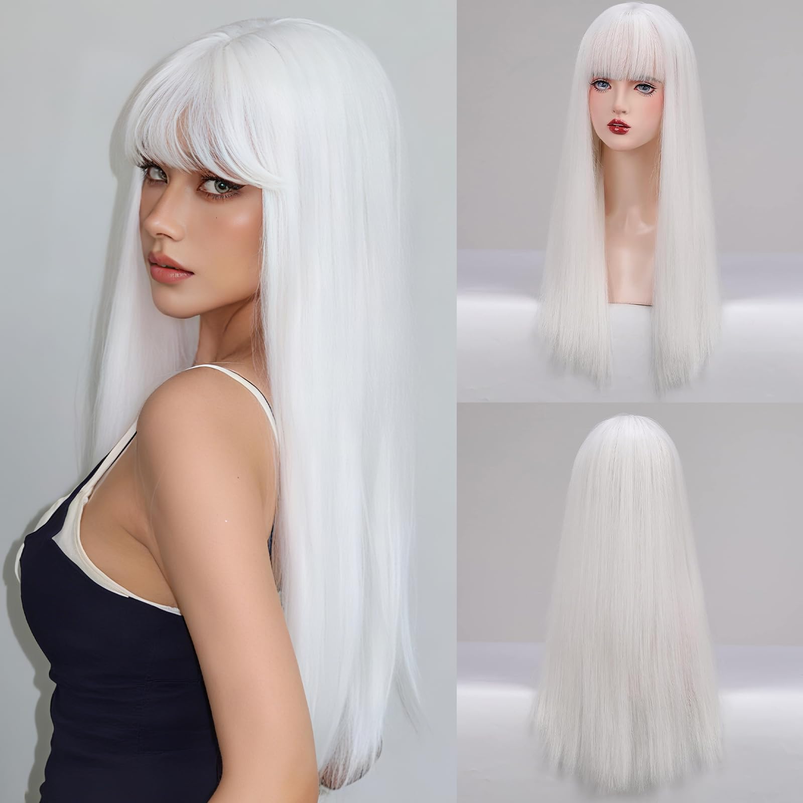 EMMOR White Wig With Fringe For Women Long Straight Wigs Synthetic For Girl Cosplay And Daily Use(26" White) — image 1