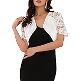 WOMLAYOUT Women's Satin Shrug Short Sleeves Cocktail Elegant Cropped Lace Cardigan