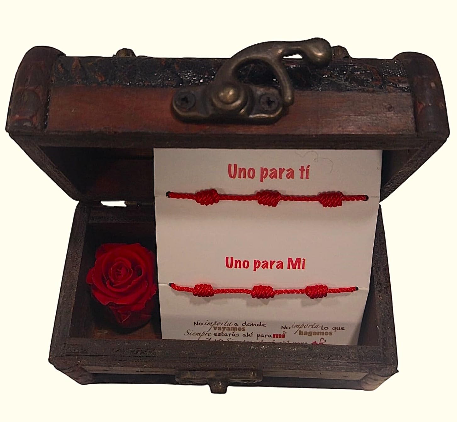 Genérico Gift for Couples. Red Eternal Rose and 7 Knots Bracelets. Vintage Wooden Box. Bracelets for Couples. Love Amulet. Chest with Red Thread Bracelets and Red Eternal Rose.