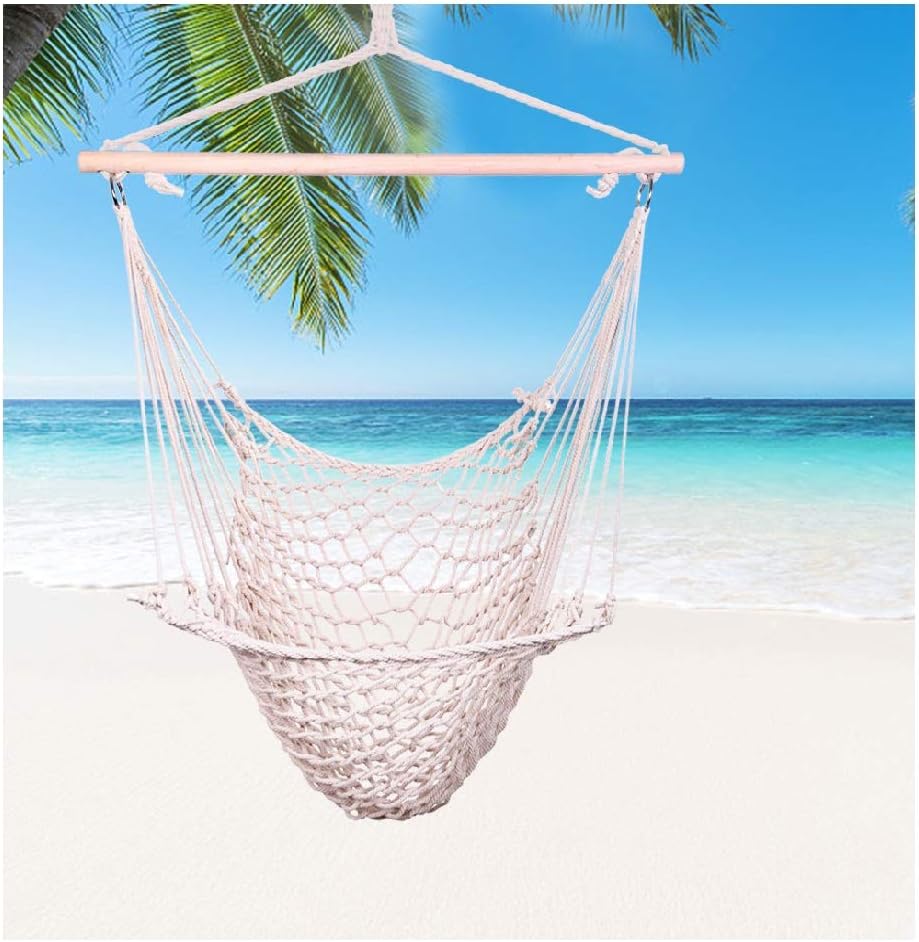 CreazyBee Hanging Hammock Chair Swing Seat with Soft Cotton Rope, Sturdy Wood Bar, 250lbs Capacity for Indoor Outdoor Bedroom Garden Yard Patio Porch (White)