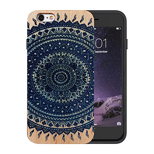 JuBeCoÂ® Hand Tint Colorful iPhone 6S Wood Case,Wood Back Panel + TPU Bumper for iPhone 6(4.7inch) + Free 0.26mm Tempered Glass Screen Protector(Mandala)