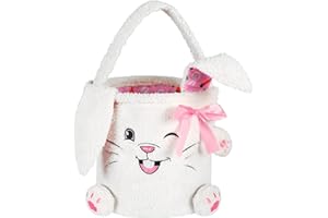 VEWICOKOP Easter Basket for Kids Empty– White Plush Bunny Easter Bucket with Rabbit Ears, Large Easter Tote Bag for Egg Hunting, Party Favors, Decorations & Storage, Easter Gifts for Girls