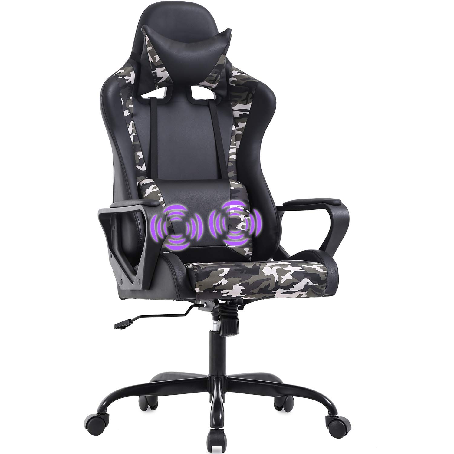 Silla para juegos de PC Silla de oficina ergonómica Silla de escritorio de masaje con brazos de soporte lumbar Reposacabezas Respaldo alto Silla de carreras de cuero de PU Silla giratoria ejecutiva ajustable para computadora para mujeres adultas (Camo)