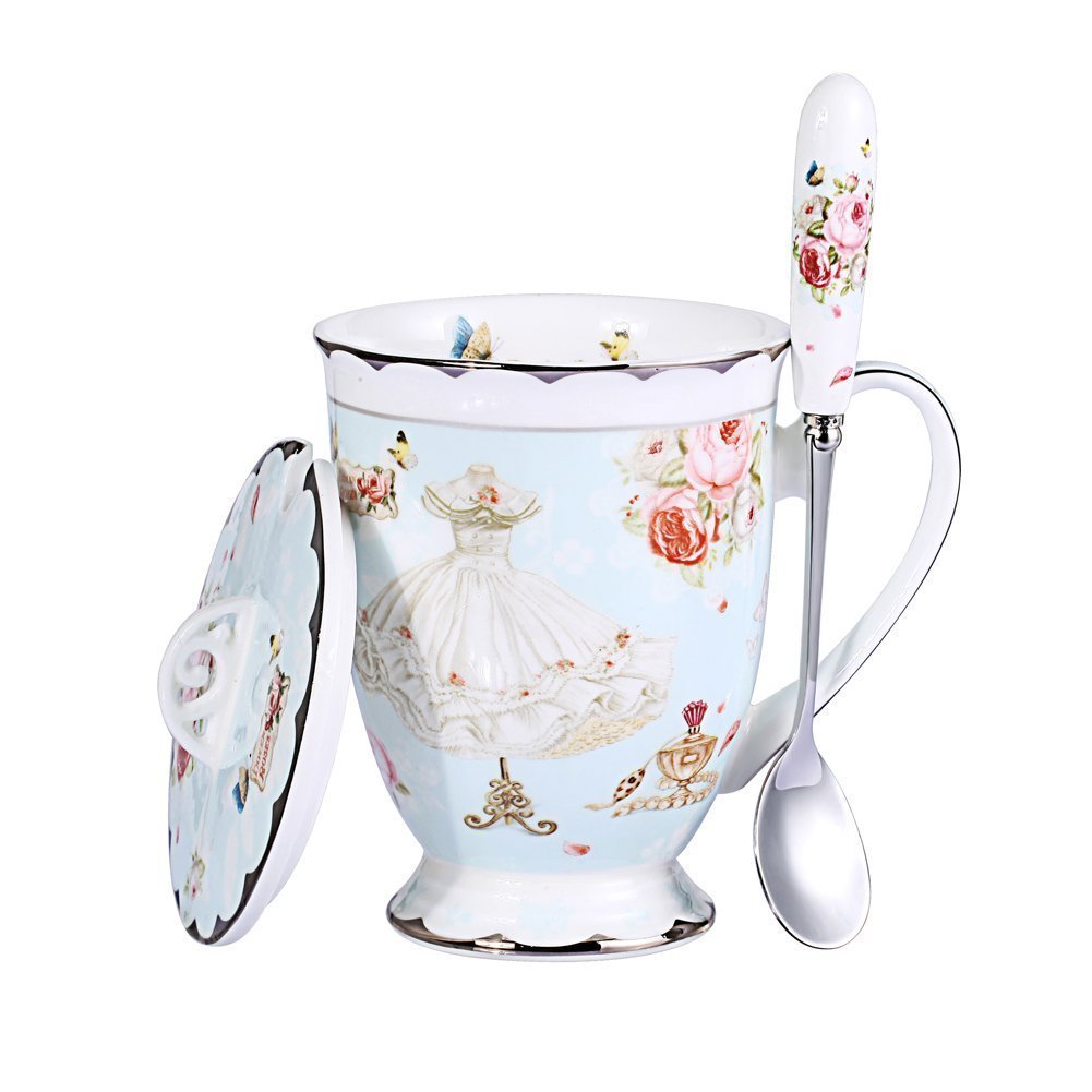 YBK Tech Euro Style Porcelain Tea Cup Coffee Mug with Lid for Breakfast Home Kitchen ((Rose and Dress Pattern) (Blue)) — image 1