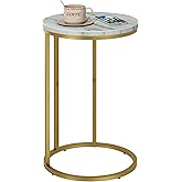 Function Home C Table End Table, Marble C Shaped Sofa Side Table, Couch Tables that Slide Under, Snack Accent Table for Living Room Bedroom Small Space, Marble Top and Gold Metal Frame