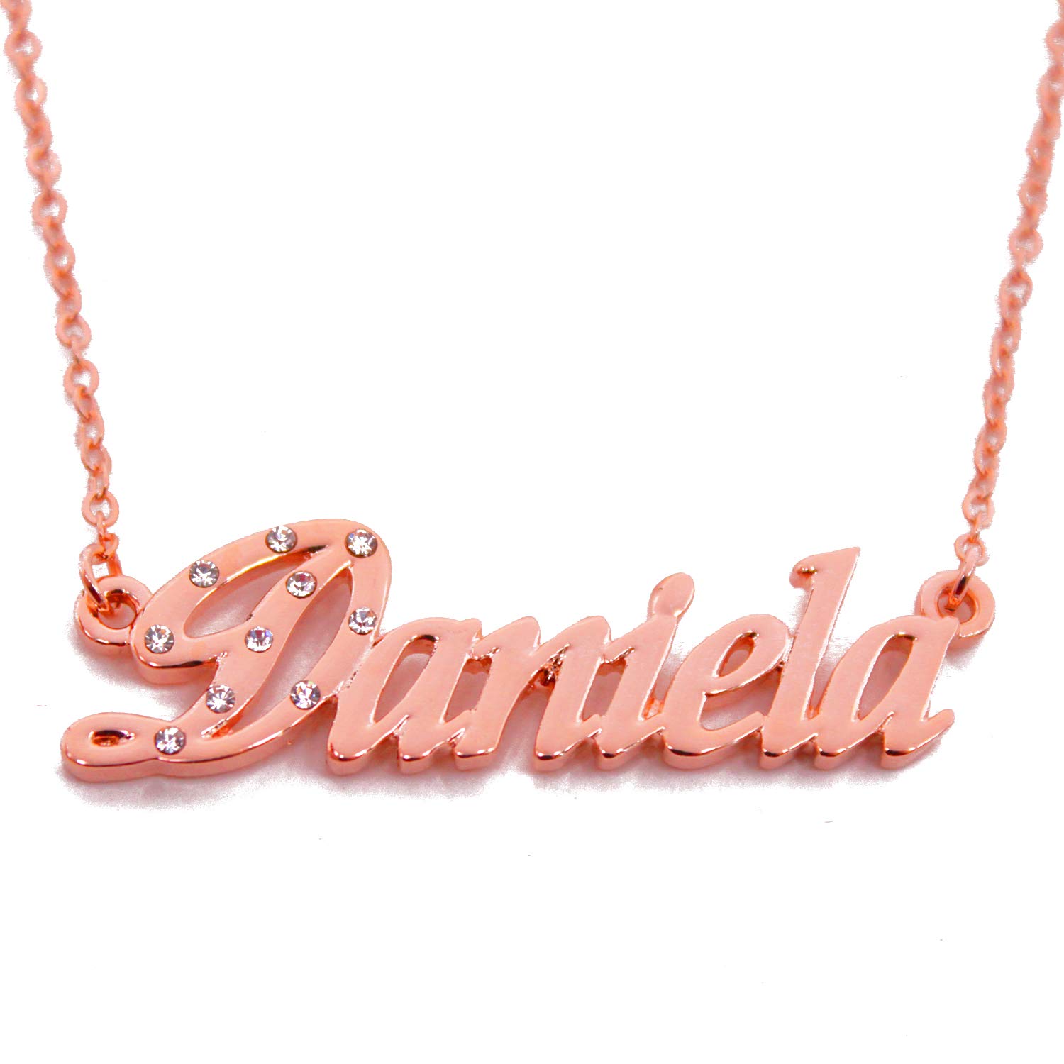 Kigu Daniela Name Necklace Personalised 18K Rose Gold Plated, Custom Dainty Name Pendants, Jewellery for Ladies, Girlfriend, Mother, Sister, Friends Inc Bag & Box