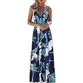 OUGES Womens Summer Maxi Dress V Neck Floral Adjustable Spaghetti Strap Beach Dresses with Pockets