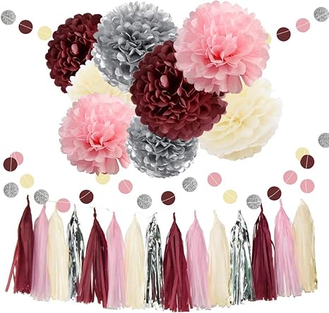 Waysla Bridal Shower Decorations Burgundy Pink Cream Silver