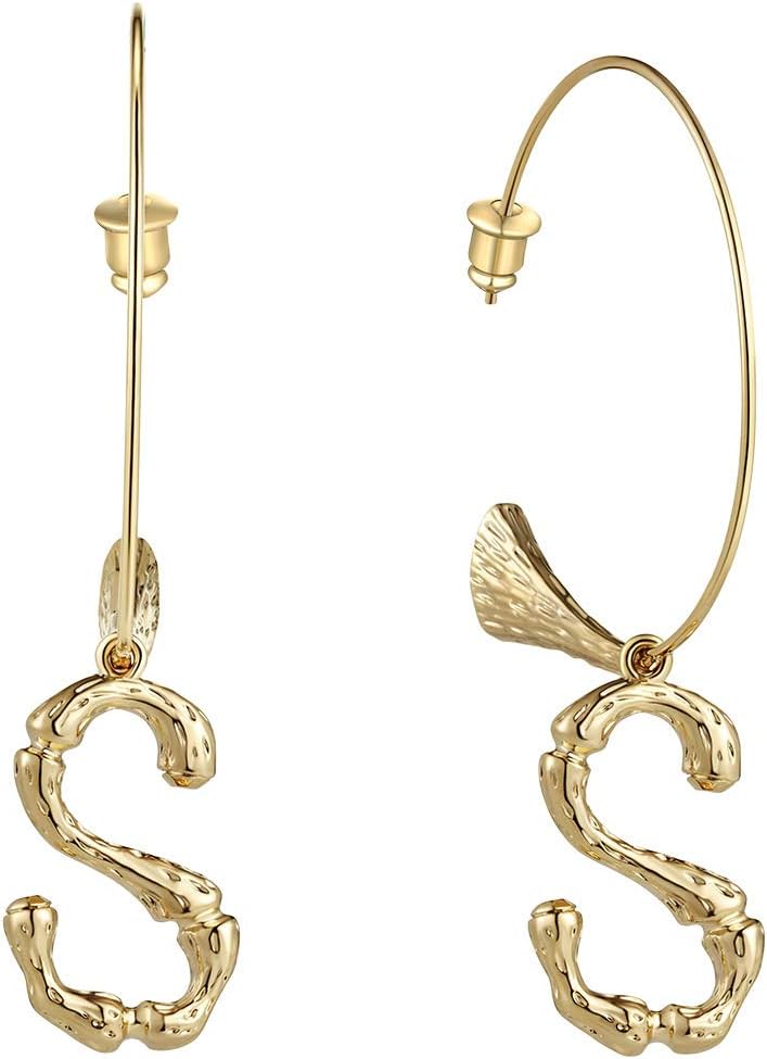 Golden 26 Letter Initial Alphabet Charm Bamboo Semi Hoop Earrings Birthday Gift for Women Girls