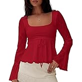 BAIGRAM Women Long Bell Sleeve Babydoll Crop Tops Y2K Boho Fall Outfits Floral Lace Square Neck Ruffle Peplum T-Shirts Blouse
