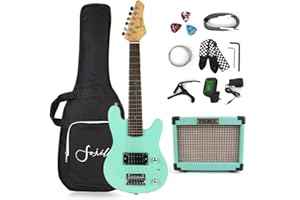 Fojill 30 Inch Kid Teen Child Children Beginner Kit Electric Guitar Guitars Set Starter Package with Amplifier, 600D Bag,Picks, Cable, Strap, Extra Strings(Mini Kit, Green)