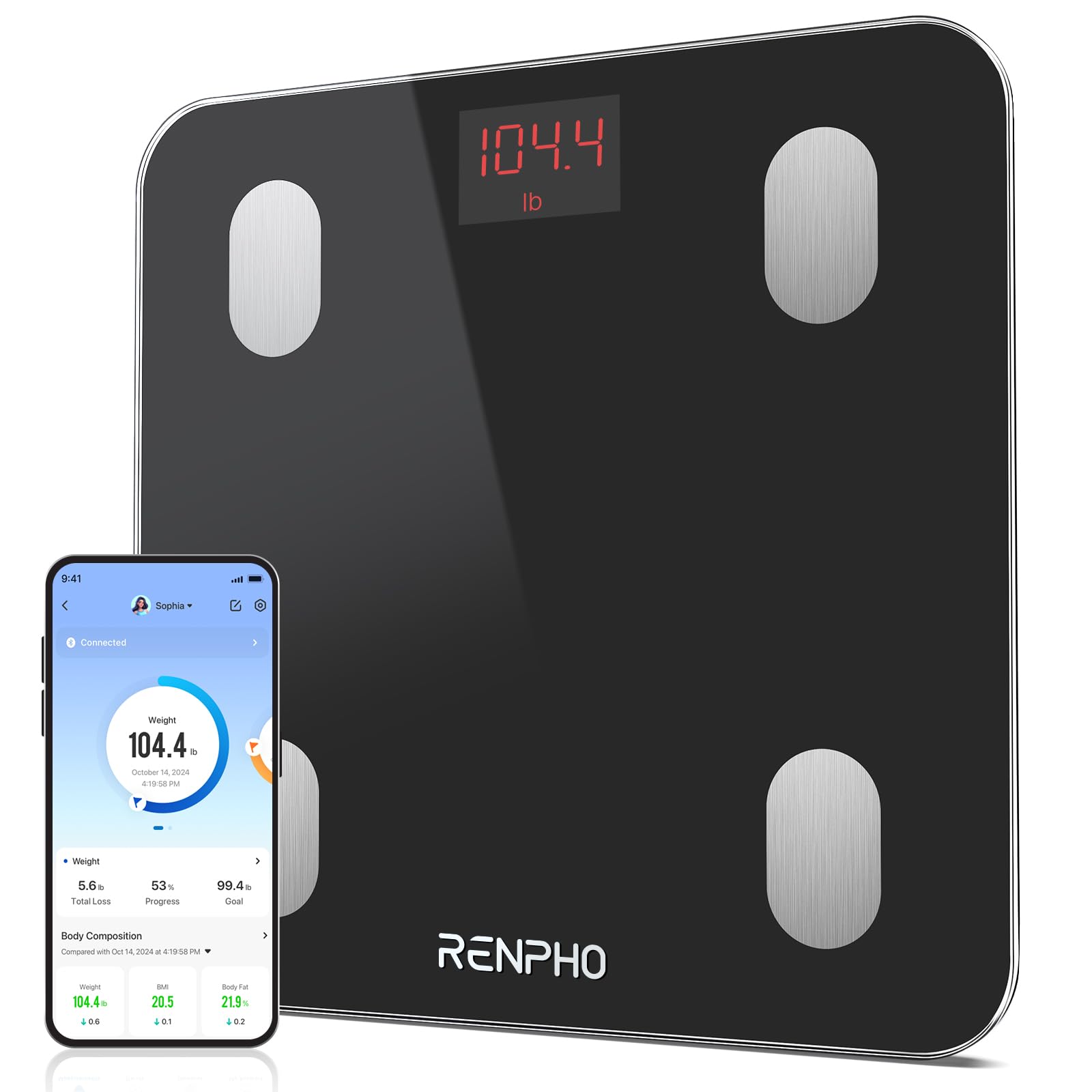 RENPHO Bluetooth Body Fat Scale, Digital Smart Bathroom Weight Scales for Body Composition Analyzer with Smartphone App, 13 Body Composition Measurements for Fitness, Black, Elis 1