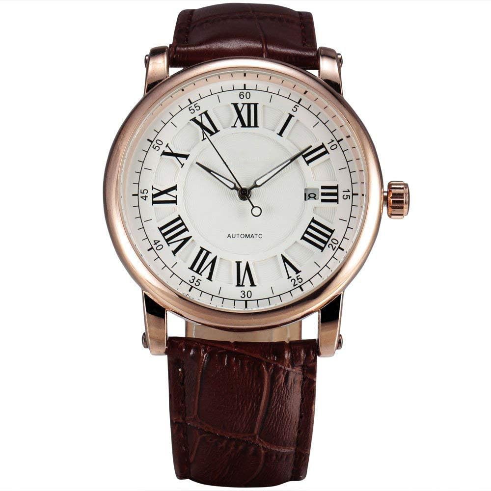 Photo 1 of CARLIEN Men Automatic Watches Classic Auto Date Gold Case Mechanical Balck Leather Male Dress Wristwatch (White)
