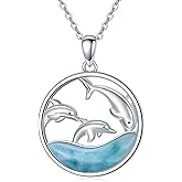 LELOUCHY Natural Larimar Turtle Dolphin Necklace Sterling Silver Pendant Ocean Jewelry Birthday Gifts for Women