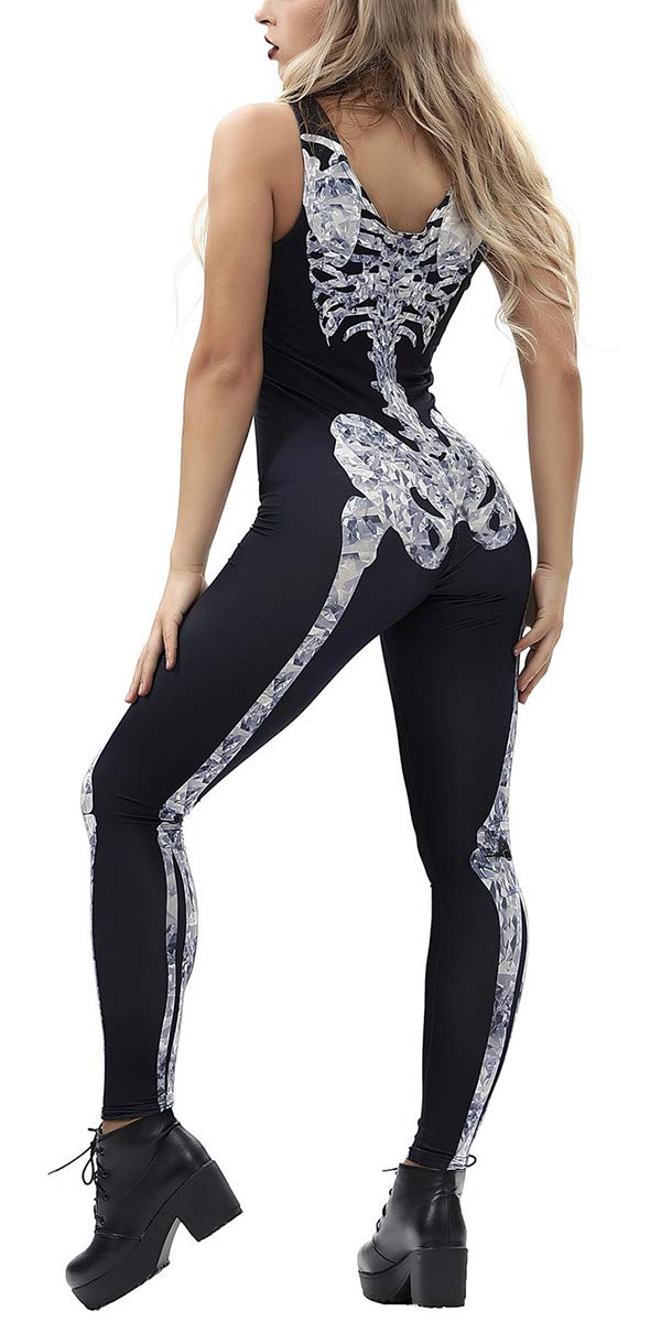 TUONROAD Printed Scary Full Bodysuits for Halloween Cosplay Party Funny Unique Black White Grey Xray Skeleton Catsuit Outfits One-Piece Zip up Sleeveless Leotard Jumpsuit Costume for Womens Ladies