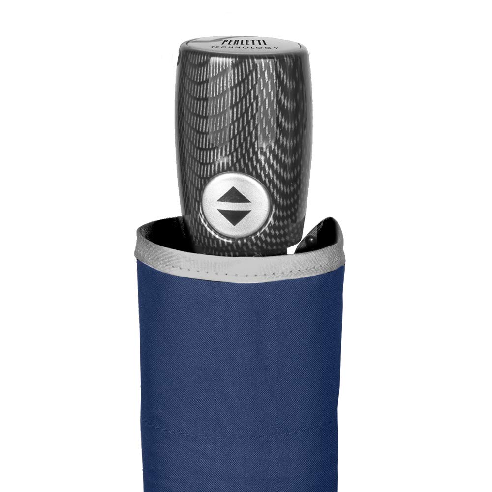 PERLETTI Reflective Folding Umbrella Blue Man Woman Windproof Resistant Brolly Ultra Leightweight Grey Border - Small Compact Umbrella in Fiberglass Automatic Open Close Elegant Travel Pocket