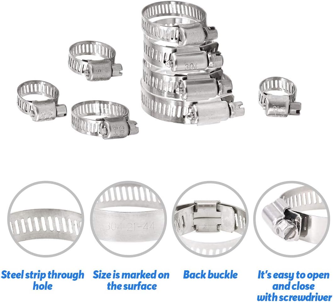 Glarks 65-Pieces 304 Stainless Steel Adjustable 8-44mm Range Worm Gear Hose Clamps Assortment Kit, Fuel Line Clamp for Water Pipe, Plumbing, Automotive and Mechanical Application - - 