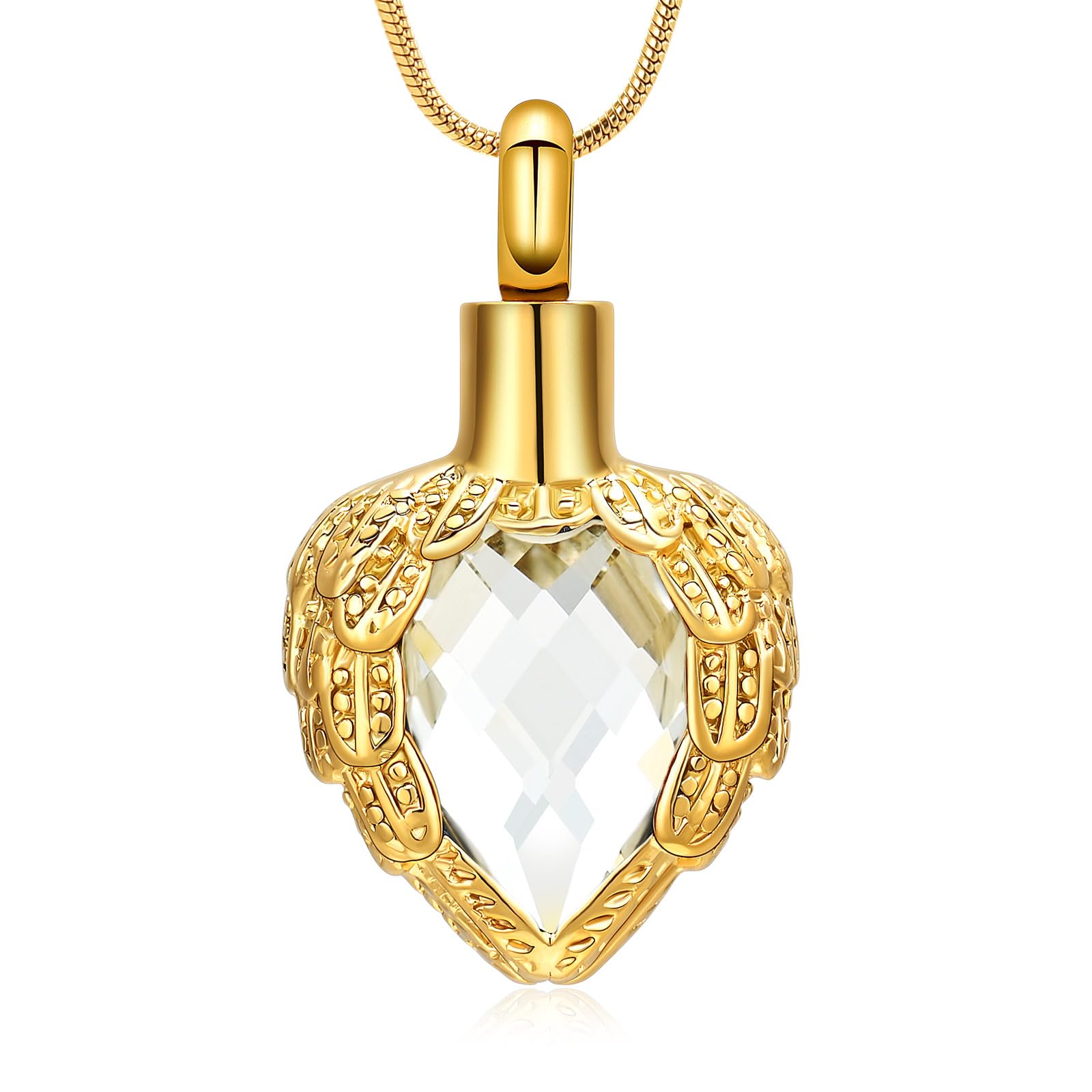 Gold Angel Wings Glass Heart Urn Pet/Human Cremation Pendant Necklace Jewelry for Ashes