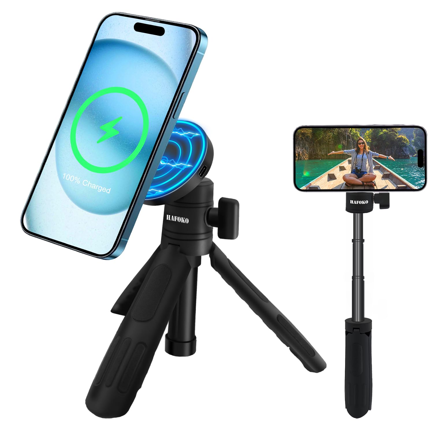 HAFOKO Magnetic Cell Phone Selfie Stick Tripod with 1/4" Magnetic Wireless Charging Mount Extendable Mini Desktop Smartphone Tripod compatibel for Magsafe iPhone 17/16/15/14 Pro Max All Phones