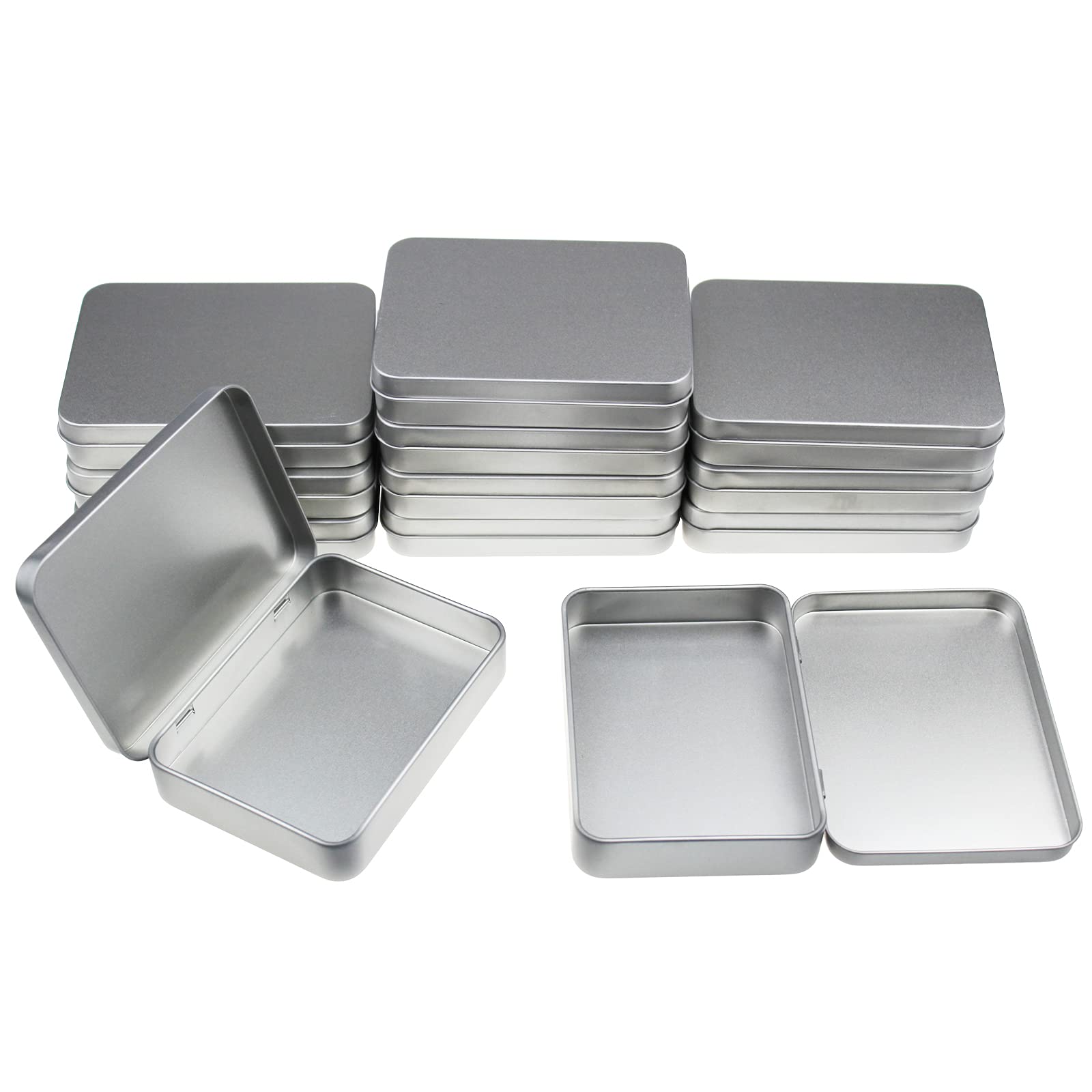Photo 1 of 12 Pieces Rectangular Metal Empty Hinged Tins Containers Basic Necessities Home Storage Organizer Mini Box Set, 4.5 x 3.3 x 0.87 inches (Silver)