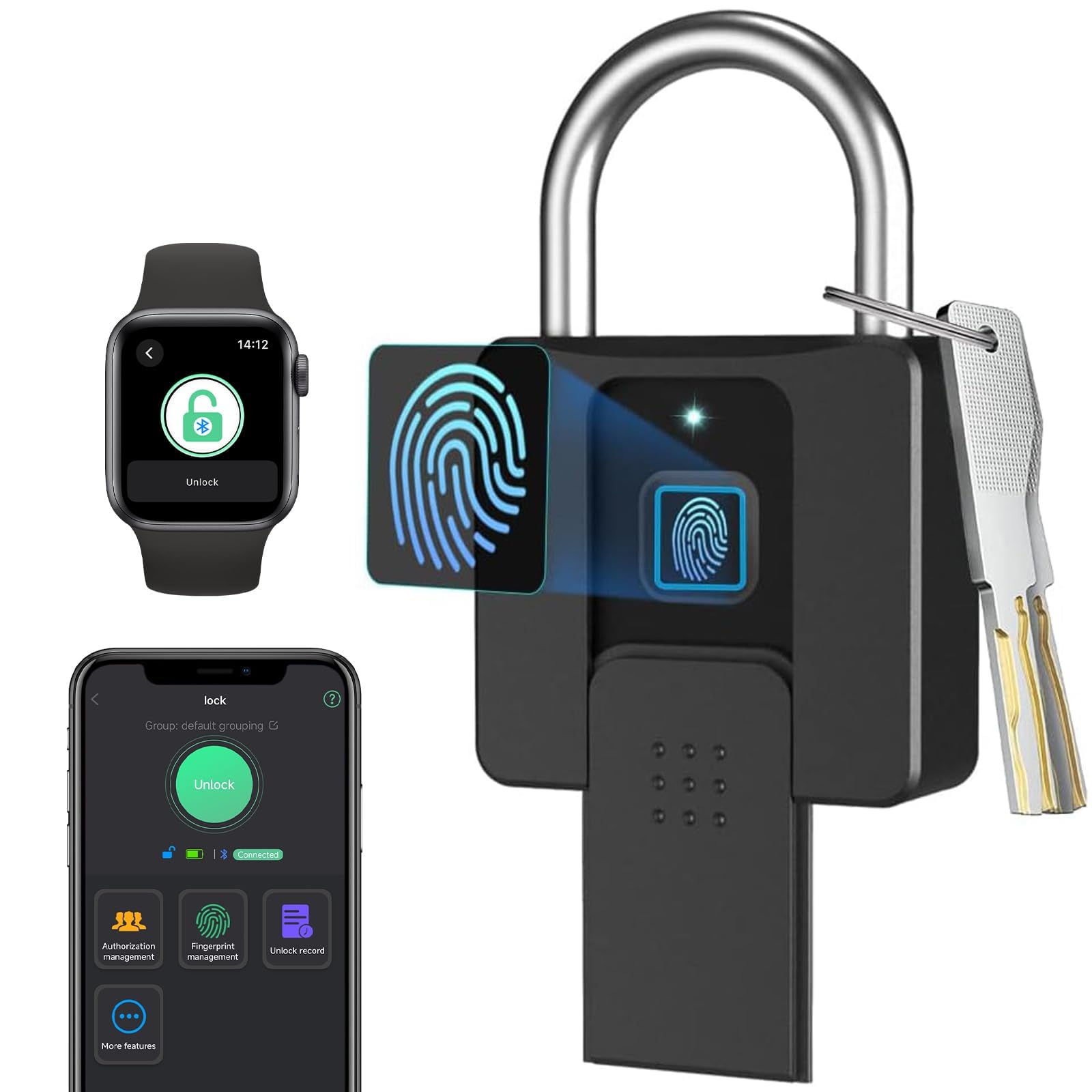 Photo 1 of Key Padlock with Fingerprint Bluetooth App eLinkSmart Combination Lock: Large Padlock for Truck Gate Footlocker Gym Locker Outdoor ?Waterproof Heavy Duty Support iOS Watch