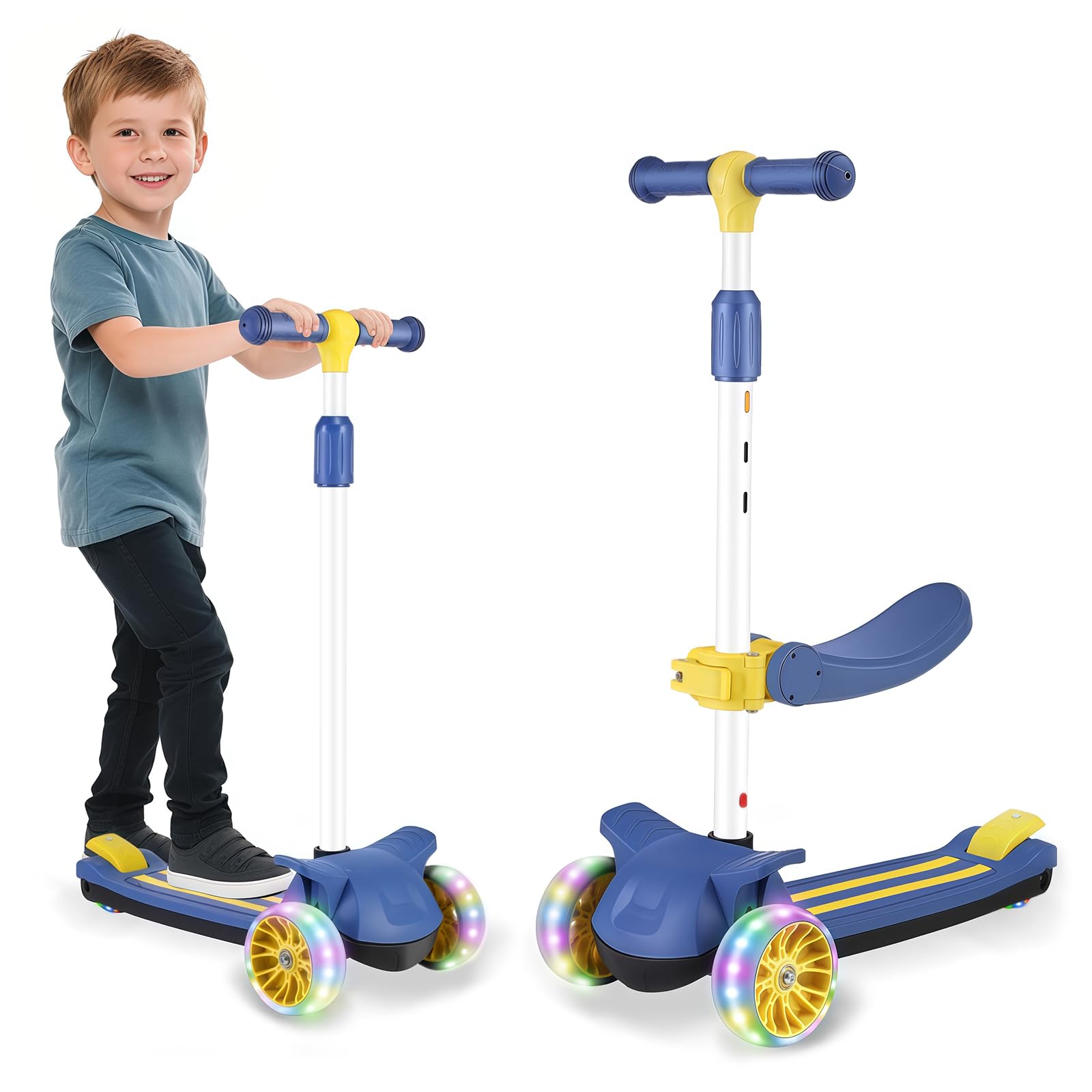 Wheelive 2 in 1 Kids Scooter with Removable Seat, Light up 3 Wheels Kick Scooter with 4 Adjustable Height Toddler Scooters Sit or Stand Ride for Boys & Girls 2-10 Years Old,Blue