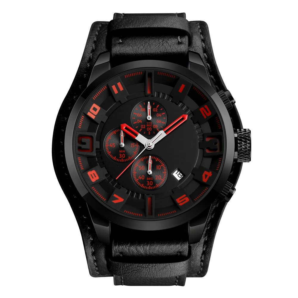 FeiWen Mens Stainless Steel Analog Quartz Sports Watches Casual Fashion Punk Style Sub Dial Stopwatch Calendar Window Leather Band Business Wrist Watches Punk Style