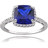 Ice Gems Sterling Silver Created Blue Sapphire and Cubic Zirconia Cushion-Cut Halo Ring