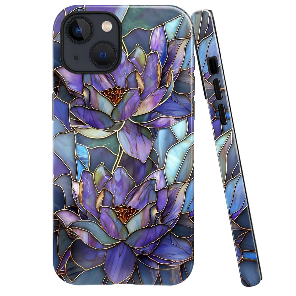 TnXee Case Compatible with iPhone 13,Fall Prevention Bright Hybrid 2-Layer Hard Shell Phone Case for Girls Boys,Purple Lotus Floral