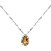 KOKAV 14K White Gold Genuine Citrine 3/4 Ct Pear Shaped Diamond Teardrop Pendant Necklace