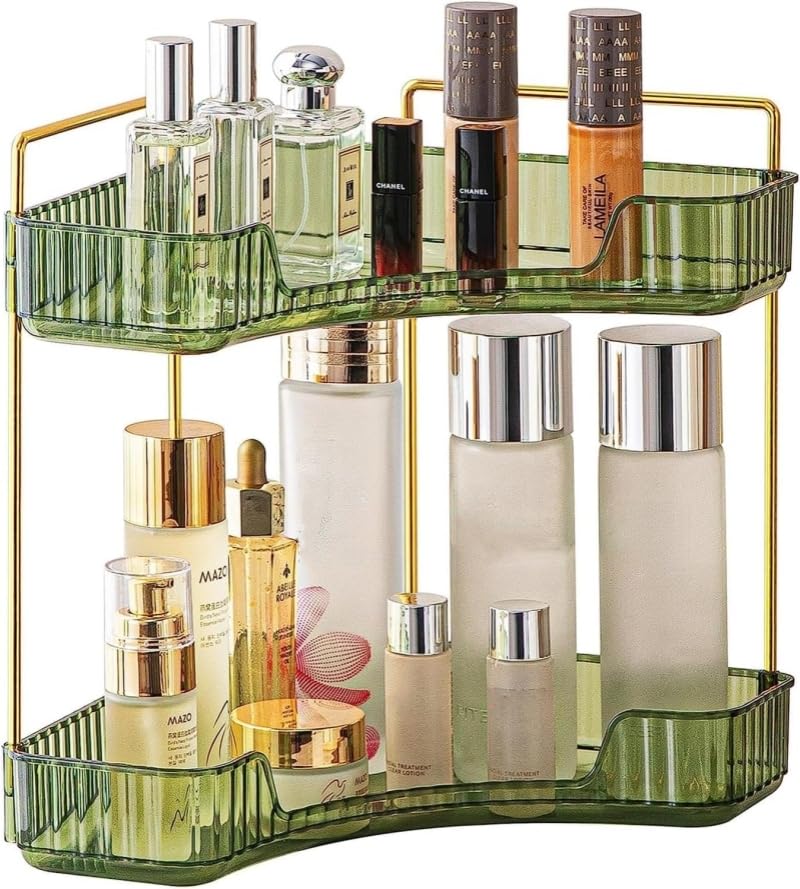 Corner Bathroom Counter Organiser, Vanity Trays for Bathroom, Skincare Makeup Organiser Shelf, Vanity Organiser, Bathroom Counter Shelf for Cosmetics, Toiletries, Lotions, Perfumes (2 Tiers, Green)