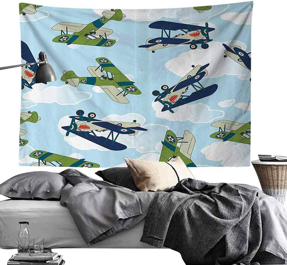 Homrkey Hall Tapestry Airplane Decor Collection Vintage Allied Plane Flying Pattern Cartoon Children Kids Repeating Toys Shark Teeth Image Tapestry for Room W60 x L40 Blue