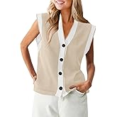 Saodimallsu Womens V Neck Sweater Vest Button Down Cap Sleeve Summer Trendy Color Block Loose Knit Tank Tops