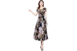 YOMXL Summer Dresses for Women 2021,Womens Long Sleeve Maxi Dress Round Neck Floral Print Casual Tunic Long Maxi Dress