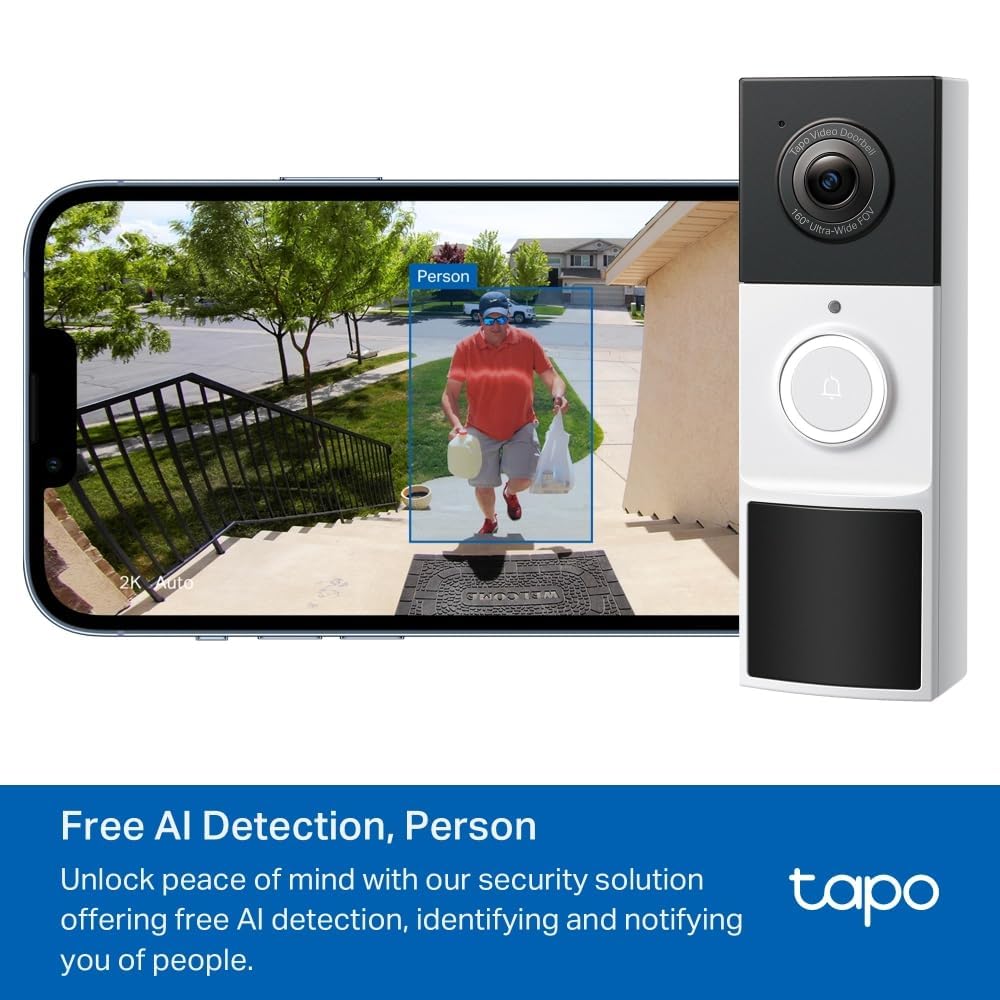 Tapo TD21 Battery Video Doorbell Wireless 2K 3MP Ultra-Clear Doorbell Camera, Ring Chime Included, Color Night, 160°DFOV Ultra-Wide, TP-Link Free AI Detection,IP65, 6-Month Battery,No Monthly Fee