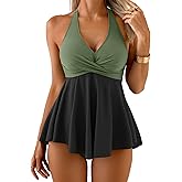 Aidonger Women's Halter Tankini Swimsuits Tummy Control Two Piece Bathing Suits Skirt Flowy V Neck Swim Dress with Shorts