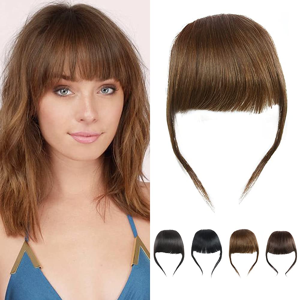Thick Hair Bangs Real Human Hair French Bang Clip in Fringe Hair Extension Unprocessed Fringe, Light Brown Color